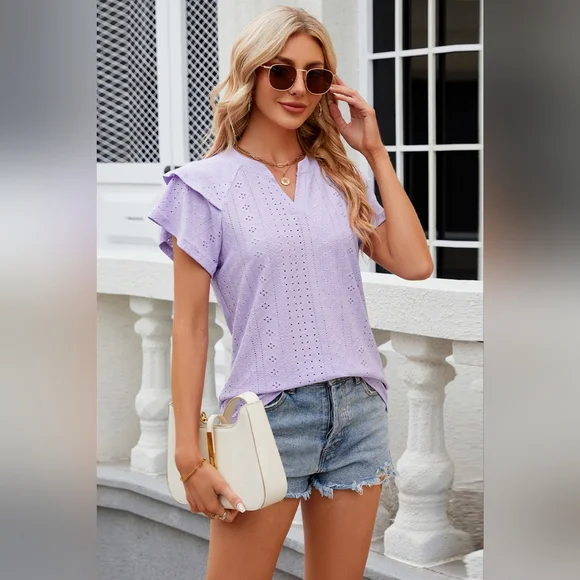 Eyelet Notched Short Sleeve T-Shirt Top - Picture 3 of 5